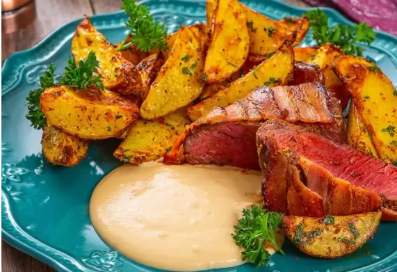 Нежные медальоны из говядины с беконом и хрустящим картофелем